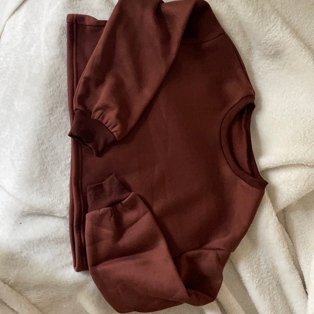 Brown fleece cropped crew neck sweatshirt